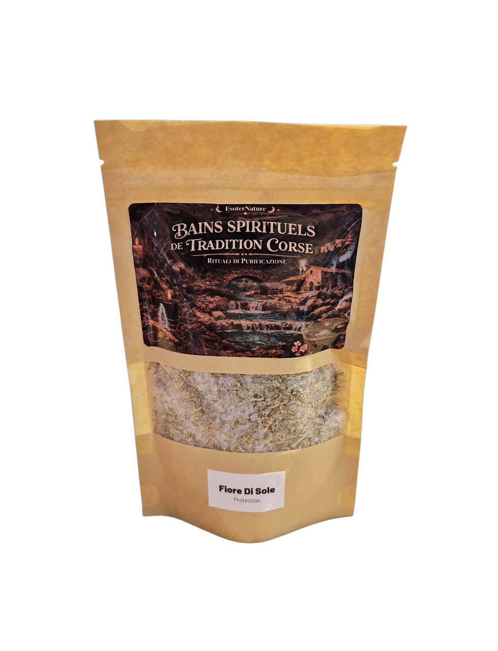 Fiore di Sole est un sel de bain spirituel corse dédié à la protection. Composé d'immortelle du maquis puis ritualisé