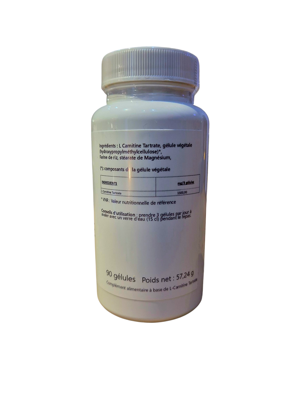 Miniature : L-Carnitine tartrate hautement assimilable, dosée à 1500 mg pour 3 gélules, contribuant au métabolisme énergétique