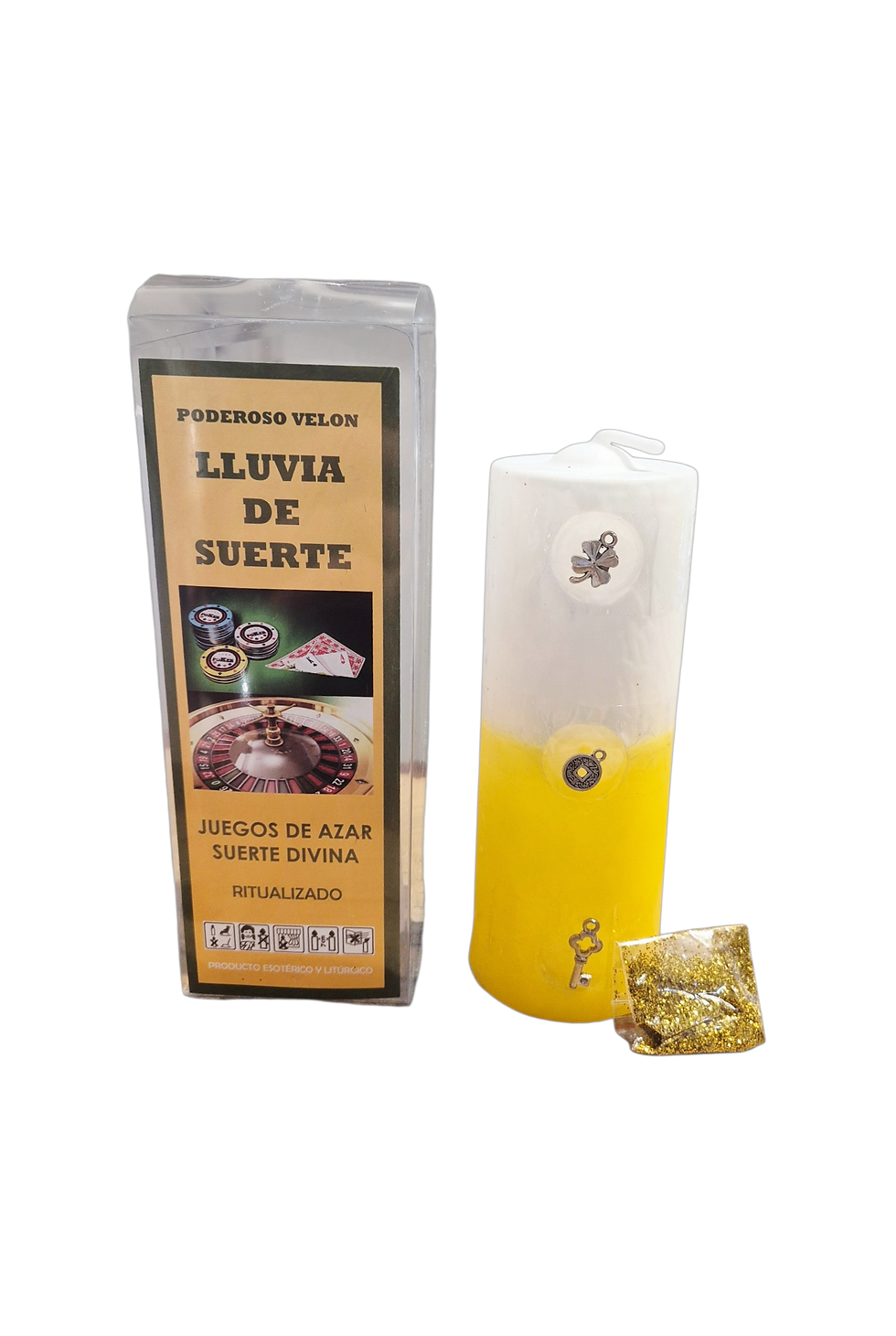 Découvrez la bougie rituelle Lluvia de Suerte, ou Pluie de Chance, traditionnellement utilisée pour accompagner les intention