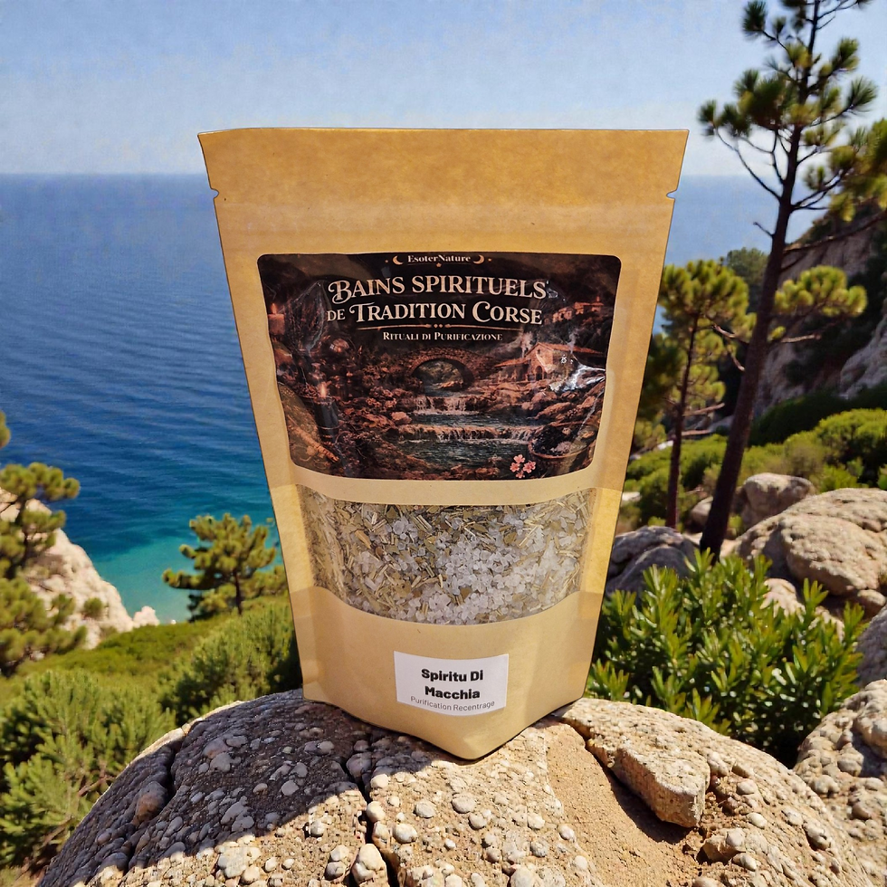 Spiritu di Macchia est un sel de bain spirituel corse dédié à la purification et au recentrage. Élaboré avec du sel, du lauri