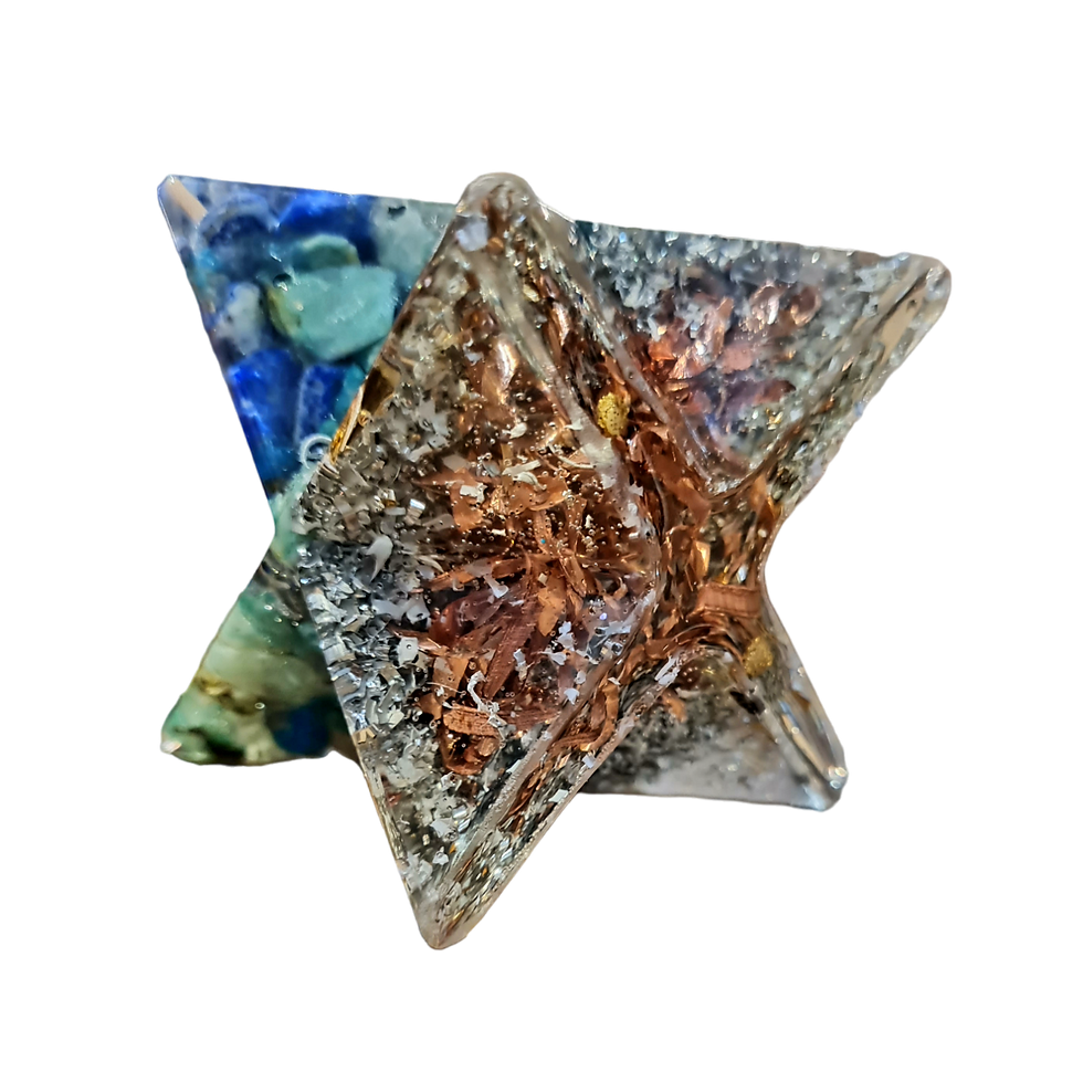 Miniature : La merkaba en orgonite avec amazonite, pierre phoenix et lapis lazuli harmonise, protège et élève les énergies