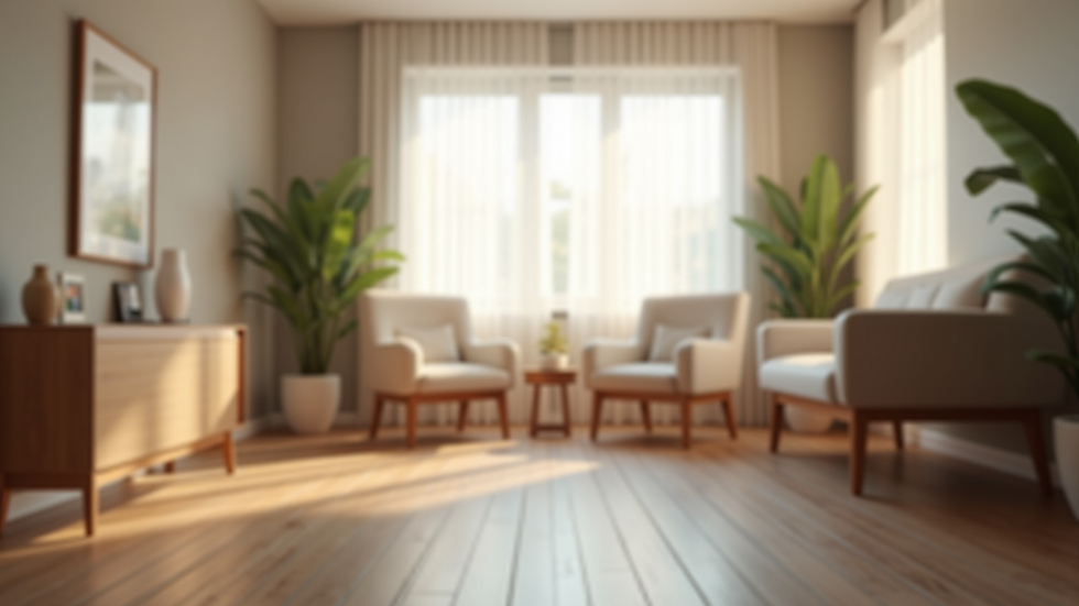 Eye-level view of a calm therapy room with soft lighting and comfortable chairs