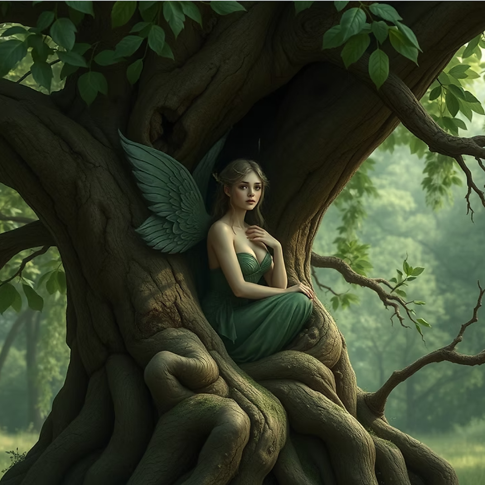 A mystical forest dryad sits gracefully within the twisted branches of an ancient oak tree, merging perfectly with the verdant woodland environment.