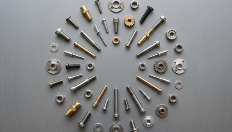 Overhead view of scattered metal parts arranged around one missing center piece.