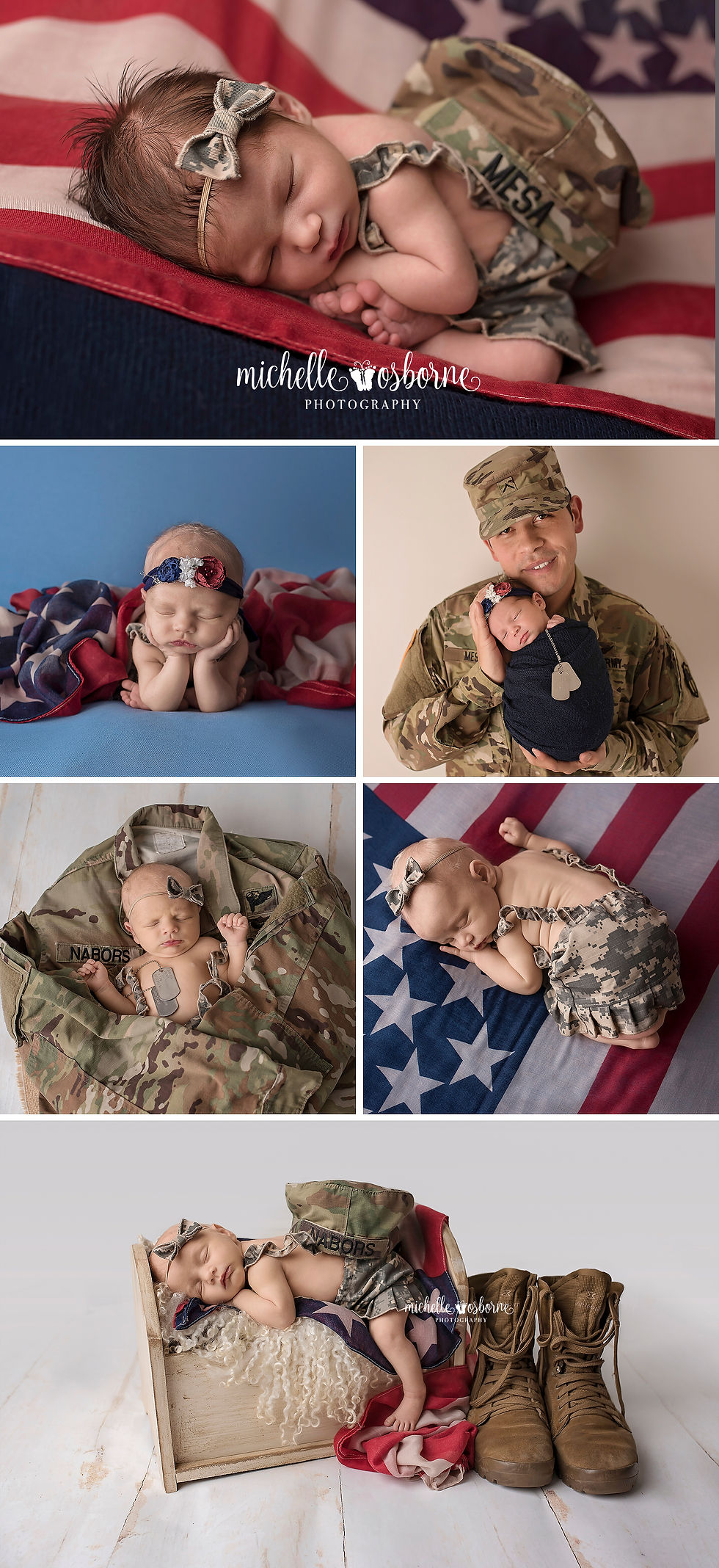 A collage of 6 military inspired newborn portraits with baby and Dad wearing matching Army uniforms