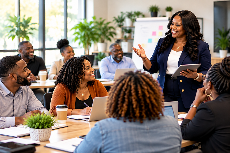 Woman leading a diverse business meeting in a bright office.