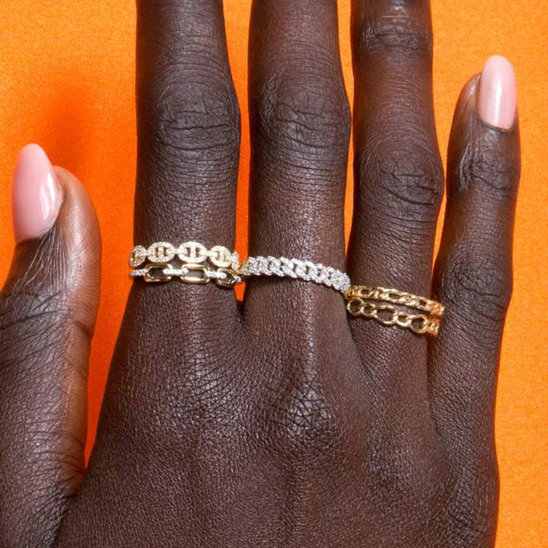 Thumbnail: Hip Hop Link Ring for Women Gold Color Micro-inlaid Zircon Stacking Rings Female