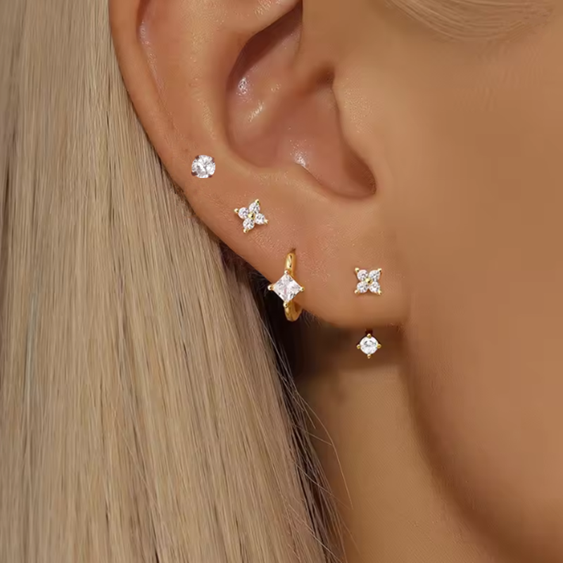 Thumbnail: 4PCS Zircon Heart Moon Flower Small Hoop Earrings Set For Women Stainless Steel 