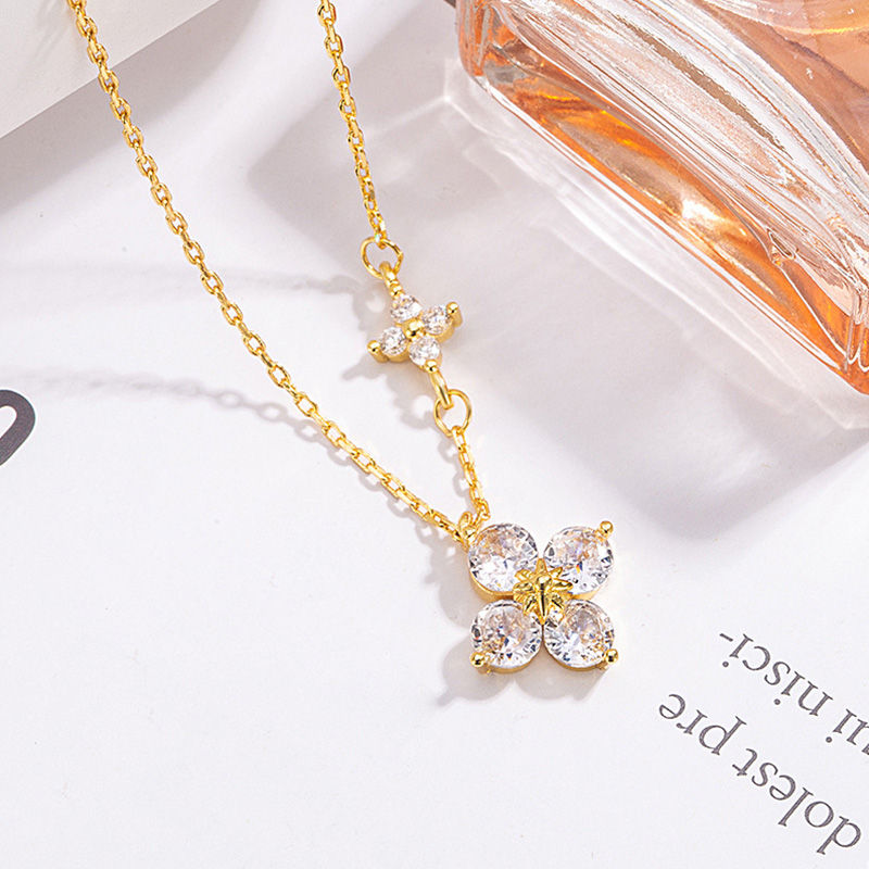 Thumbnail: 925 Sterling Silver Dainty Lucky CZ Leaf Necklace for Women 14k Gold Plated Flow