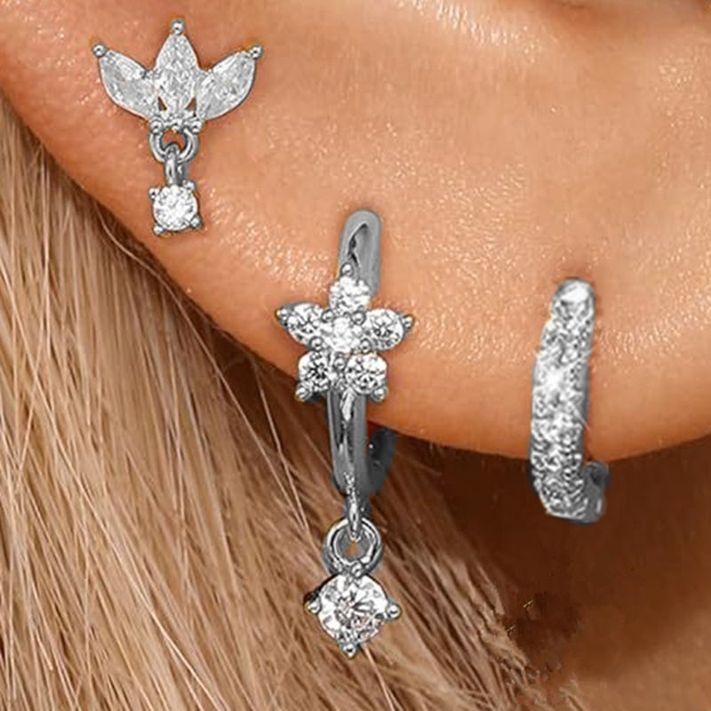 Thumbnail: 3PCS Stainless Steel Gold Color Circle Hoop Earrings Set for Women Simple Zircon
