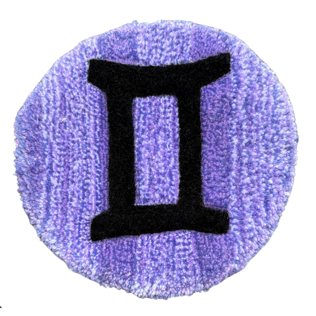 33cm Gemini twins astrology glyph, hand-tufted circular textile art with a soft, fluffy texture for boho interiors.