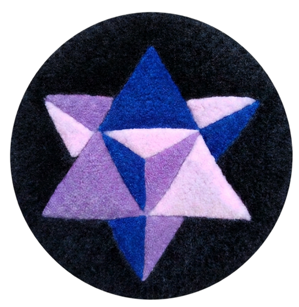 Hand-tufted Merkaba symbol, blue,violet and pink tetrahedrons on a black background from www.astralthreads.co.uk
