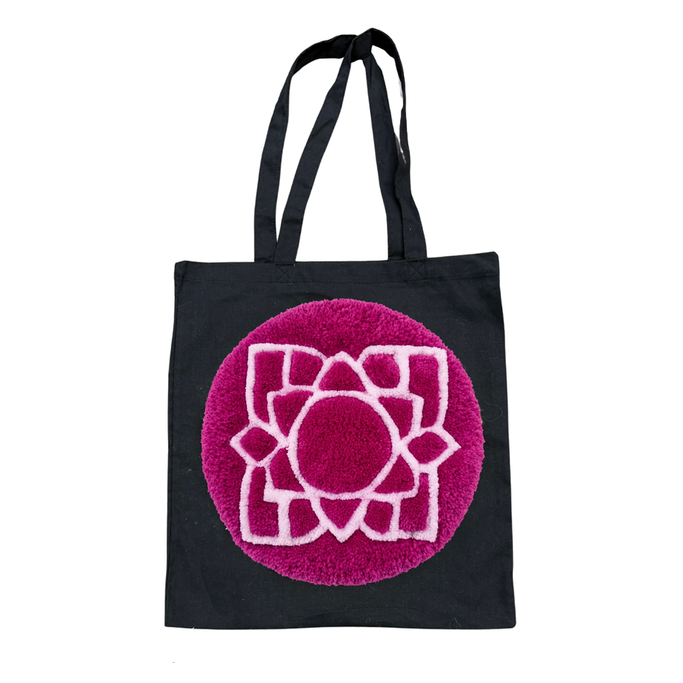Thumbnail: Hand tufted 33cm diameter circular Crown Chakra on a black Tote Bag. www.astralthreads.co.uk