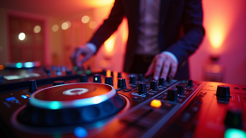 Eye-level view of a DJ mixing music at a wedding reception