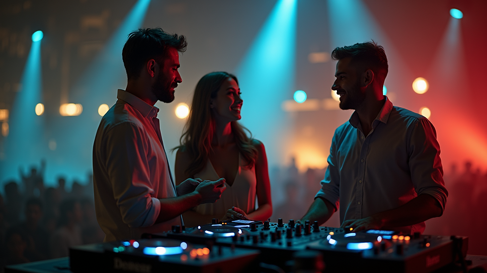 Eye-level view of a couple meeting with a DJ