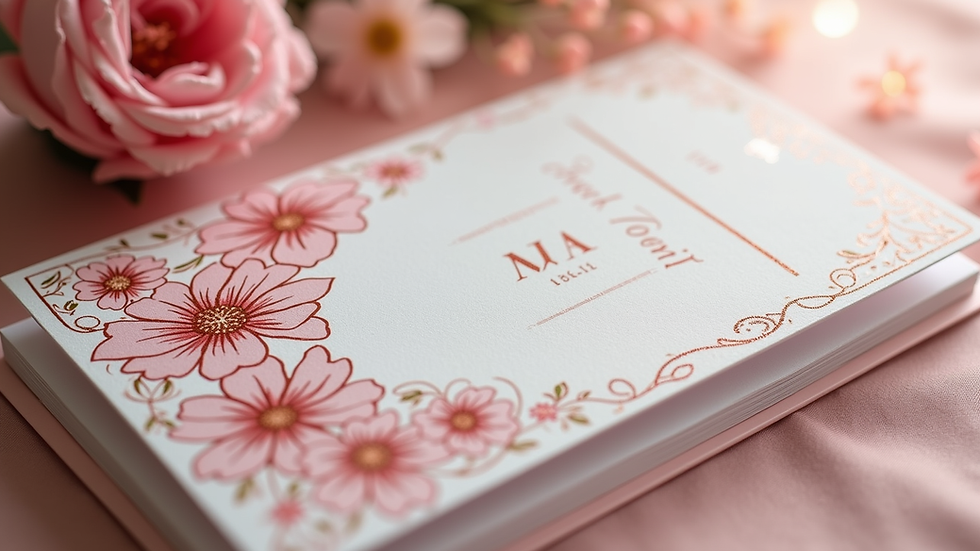 Close-up view of rose gold wedding invitation with floral design
