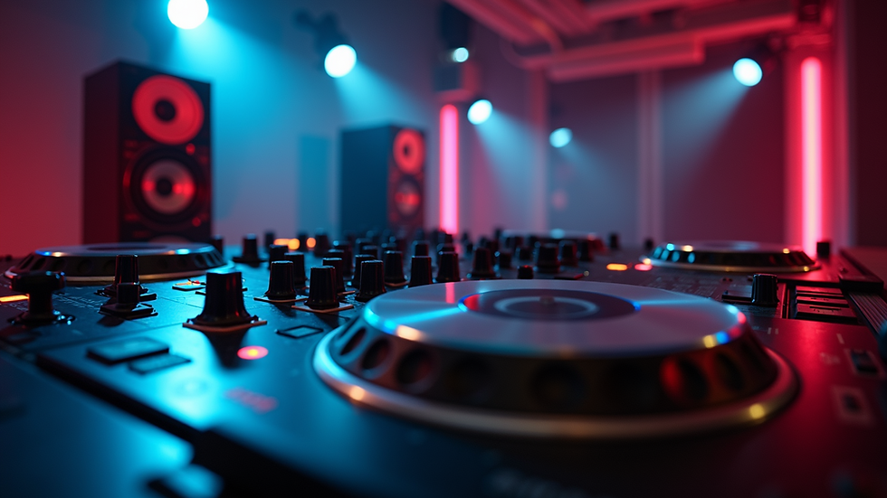 Eye-level view of professional DJ setup with speakers and lighting
