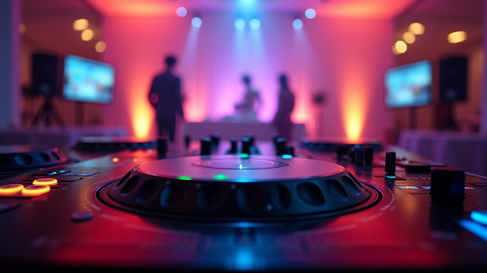 Eye-level view of DJ setup with colorful lights at a wedding reception