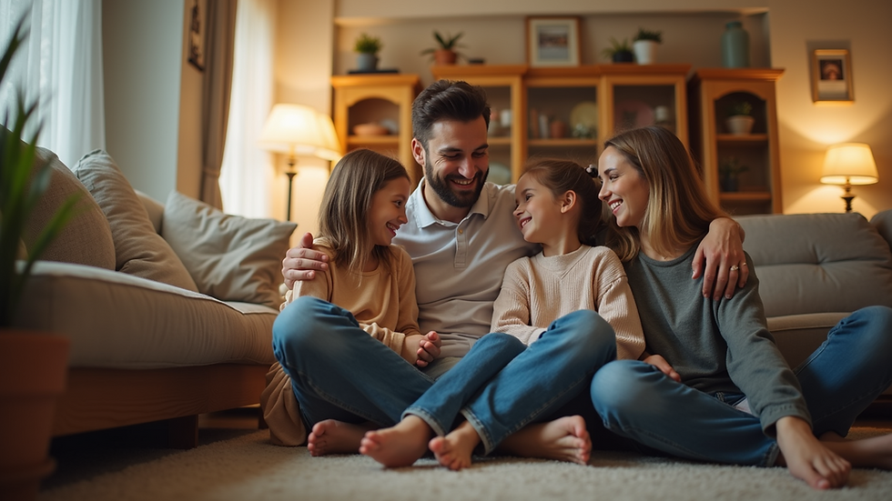 Eye-level view of a family sitting together in a cozy living room