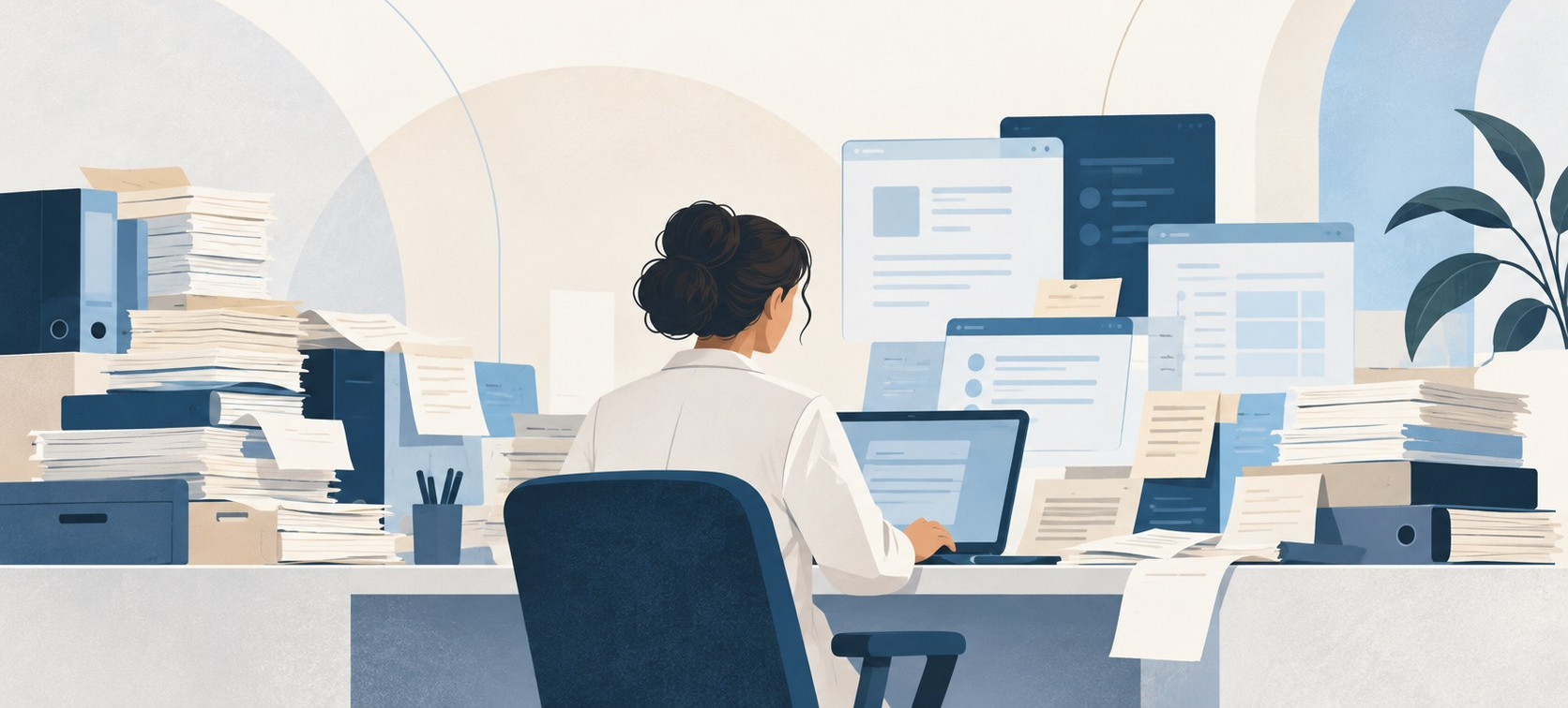 Alt-tekst: Illustratie van een zorgprofessional aan een laptop, omringd door papieren dossiers en digitale schermen.