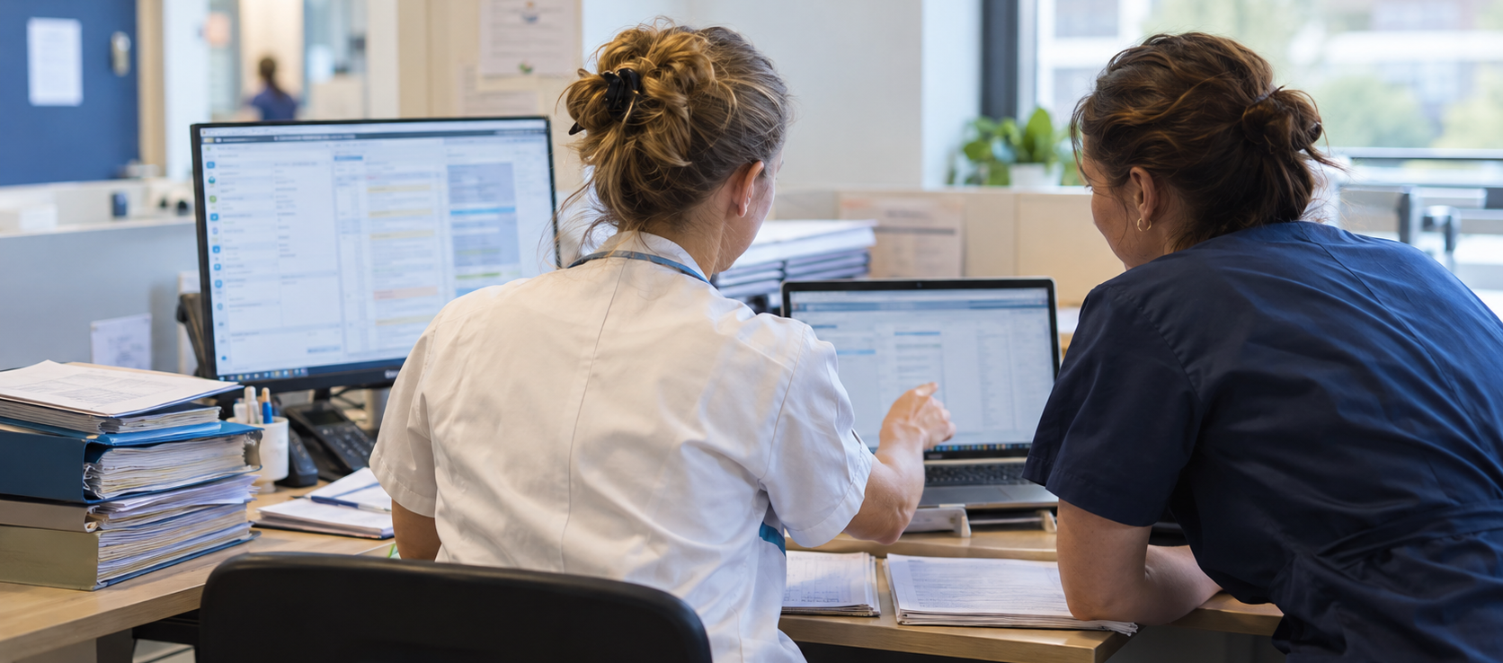 Twee zorgprofessionals bekijken digitale systemen naast papieren dossiers, passend bij digitale transformatie in de zorg.