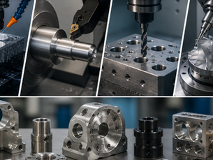 CNC machining processes including milling, turning, drilling and multi-axis machining with finished precision metal parts