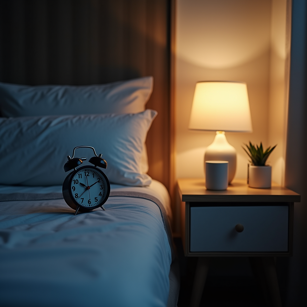 bedroom with lamp and alarm clock at night