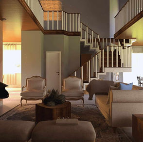 Foto Render 3D. Design de Interiores. Sala de estar moderna com elementos rústicos, lareira.