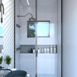 Foto. Design de Interiores. Banheiro moderno com visual branco e preto.