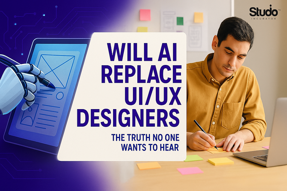 Man writing at desk with colorful sticky notes, beside text: "WILL AI REPLACE UI/UX DESIGNERS? THE TRUTH NO ONE WANTS TO HEAR." Futuristic graphics.