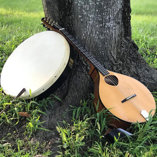 Kinnfolk's instruments, a bodhran and octave mandolin