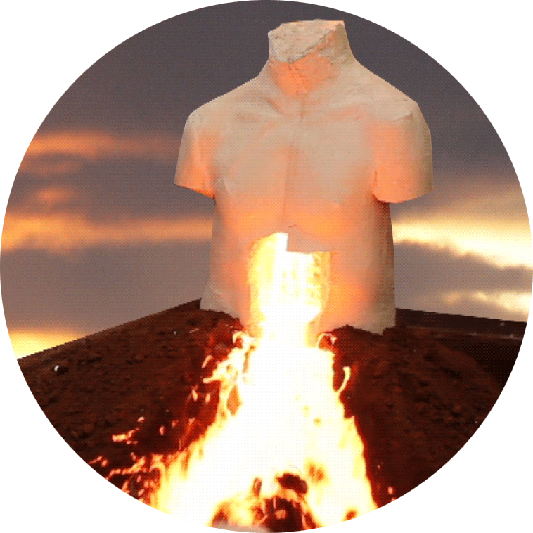 Picture of molten bronze breaking from the belly of plaster male torso on a sand pit with a sunset in the background, click to watch Fanny Aboulker’s video ‘I came her to learn to live by clichés’