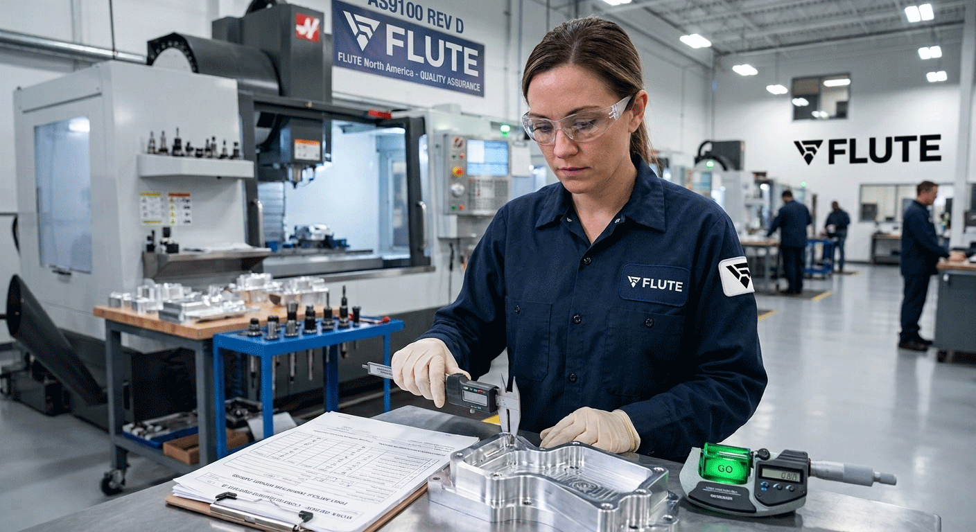 FLUTE quality inspector verifying an aerospace CNC machined component with digital calipers against AS9100 standards.