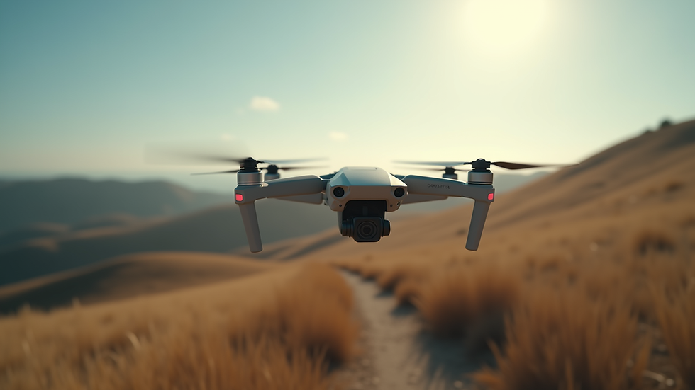 Eye-level view of an FPV drone flying over a scenic landscape