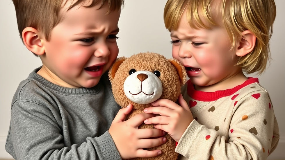 Two toddlers, a boy and a girl, fighting and crying over one stuffed teddybear.