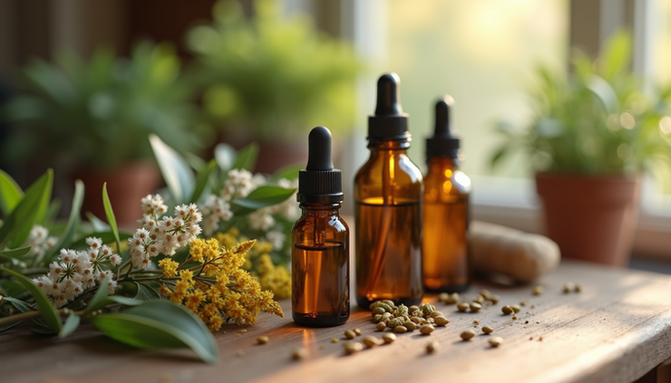 Close-up view of a collection of essential oil bottles and natural ingredients arranged on a wooden surface