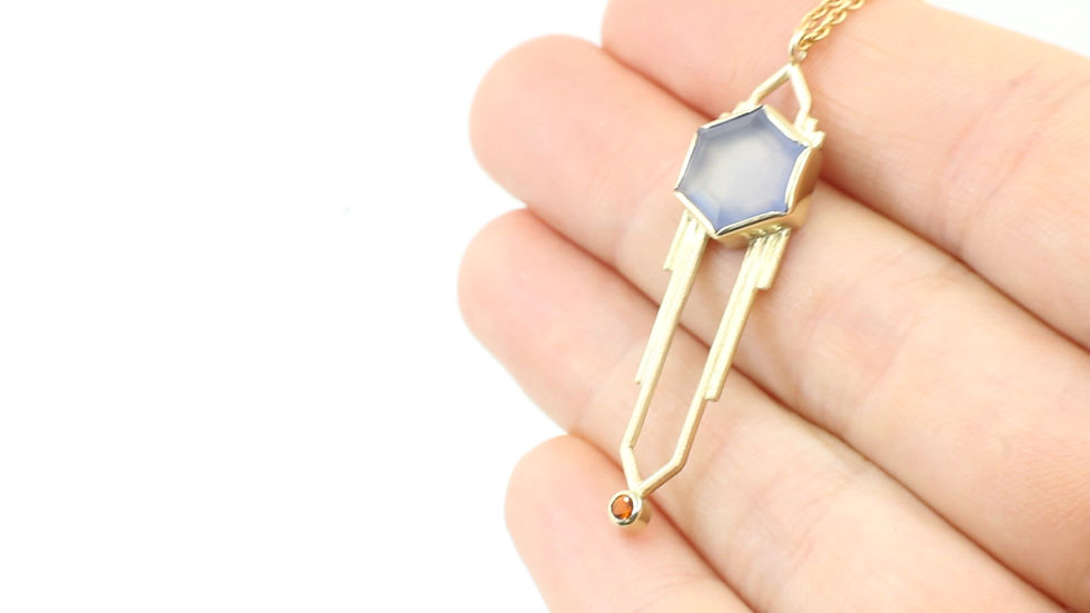 Miniaturbild: FairTrade yellow gold, fairtrade Mexican blue chalcedony, and fairtrade Mexican fire opal art deco talisman necklace