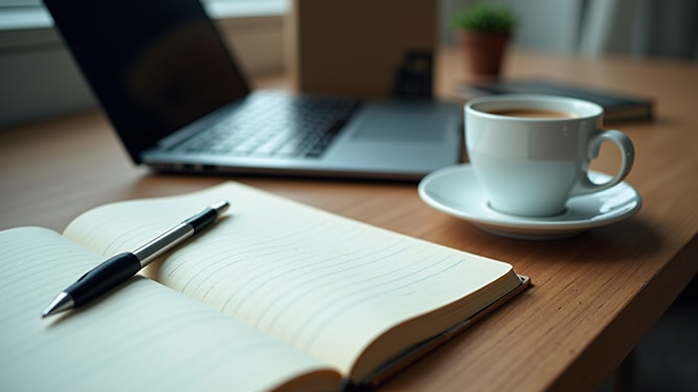 High angle view of a desk with a notebook and coffee cup beside a laptop