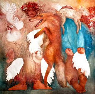 This work draws inspiration from a traditional Ukrainian folktale in which a cunning fox steals a hen. Seeking shelter for the night in a villager’s home, the fox secretly eats the hen and, come morning, demands a goose in exchange. The deception escalates — the fox consumes the goose and asks next for a duck, then a lamb, and eventually even a young girl.

The tale serves as a metaphor for manipulation and the dangers of unchecked ambition. Through charm, deceit, and calculated escalation, the aggressor takes more with each concession offered. In the artist’s interpretation, the story resonates as a timeless parable of power and greed — a reflection on how small compromises can pave the way for profound loss, and how these dynamics echo in the political realities of our time.