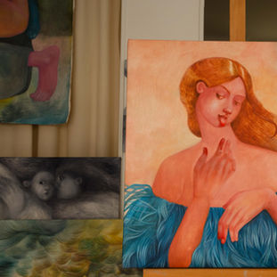 This painting marks the final of a visual exploration of the “enemy” (whether internal or external) that each of us must learn to confront. The painting shows a girl wrapped in the wolf’s fur, licking blood
from her fingers — a raw, symbolic moment of victory and survival.