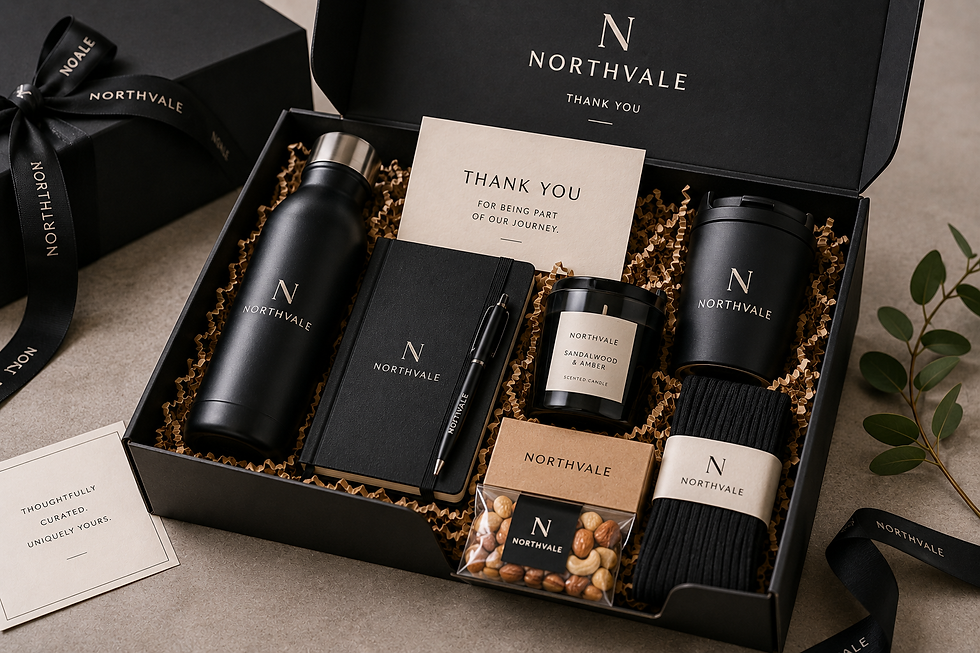 Northvale corporate merchandise gift box with branded bottle, notebook, mug.
