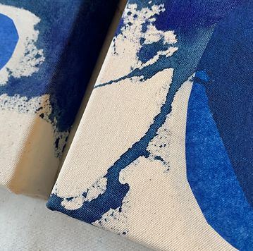nature inspired abstract blue  painting on raw canvas