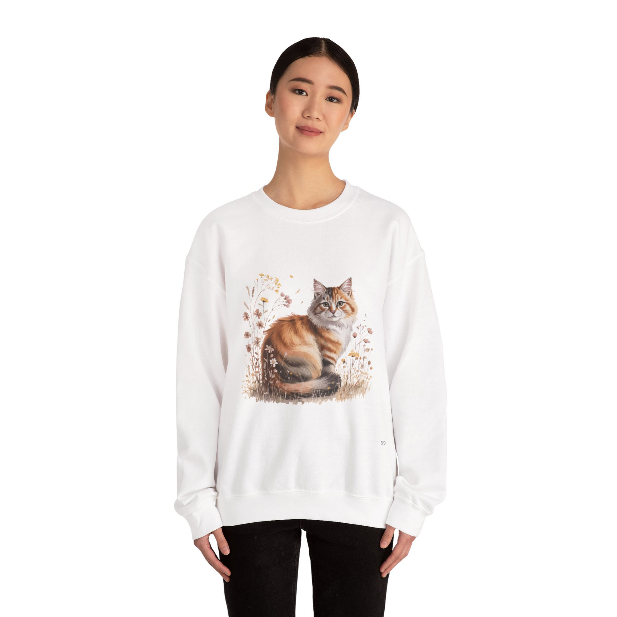 Cute Cottagecore Cat Crewneck Sweatshirt — Watercolor Tabby Cat Floral Design