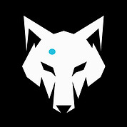 logo of a geometrical white wolf with a black background