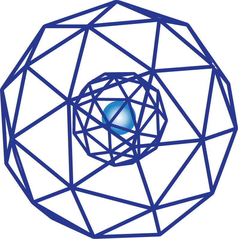 Geometric blue wireframe sphere with central glow.