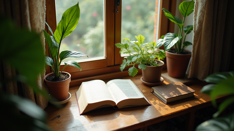 High angle view of a cozy reading nook with plants and soft lighting
