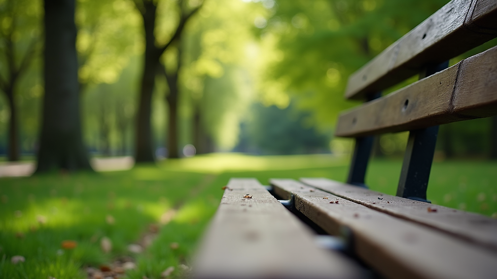 Eye-level view of a peaceful park bench surrounded by green trees
