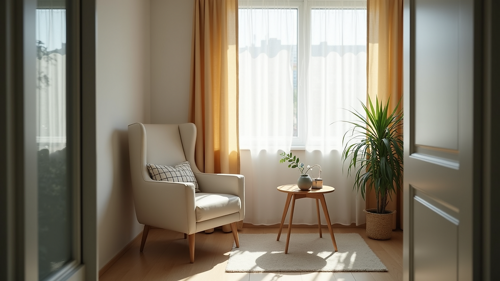 Eye-level view of a therapist's office with a comfortable chair and a small table