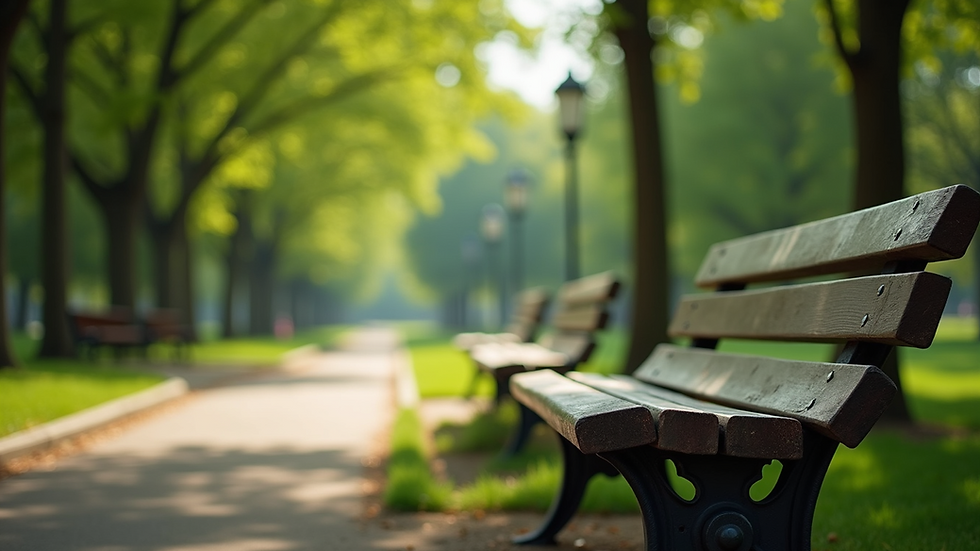 Eye-level view of a peaceful park bench surrounded by green trees
