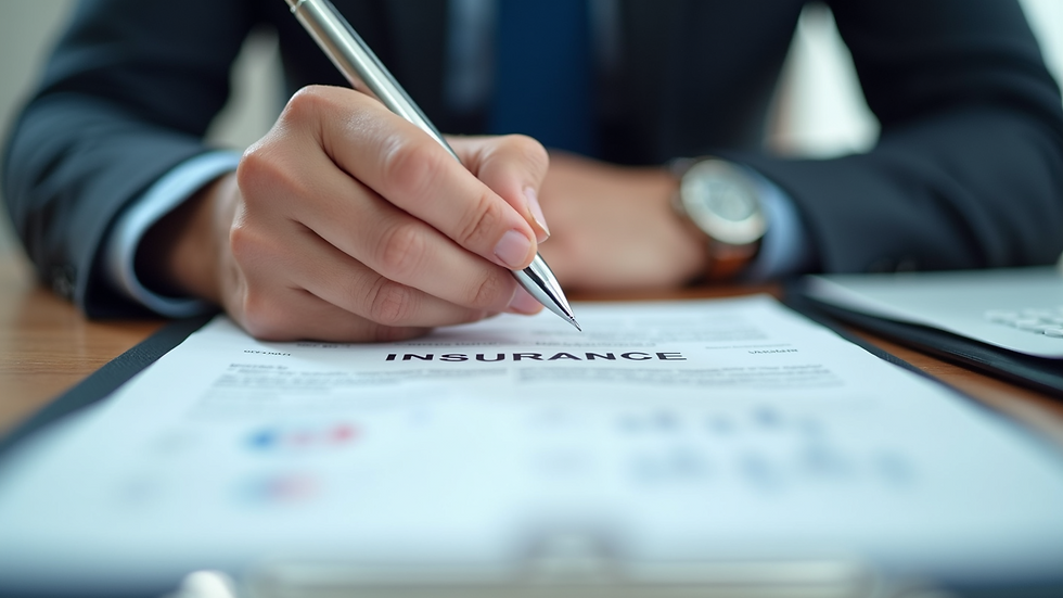 Close-up view of a person reviewing insurance documents with a pen